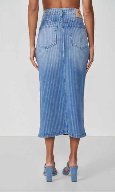 Saia Jeans Midi Listrada Com Fenda 