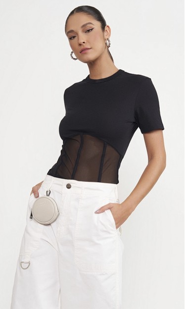 Blusa Slim Detalhe Tule Preto Colcci