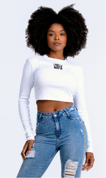 Blusa Cropped Manga Longa Branco