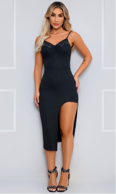 Vestido Midi Lurex Maria Gueixa Preto