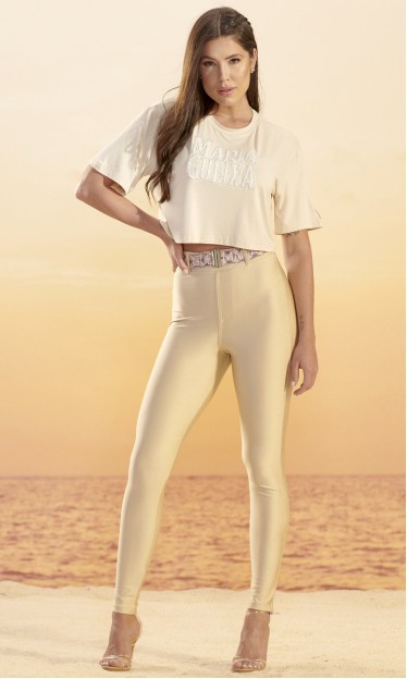 Calça Skinny Cinto Maria Gueixa Bege Gold