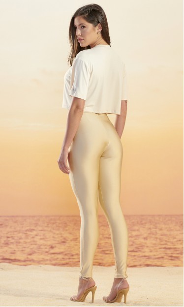 Calça Skinny Cinto Maria Gueixa Bege Gold