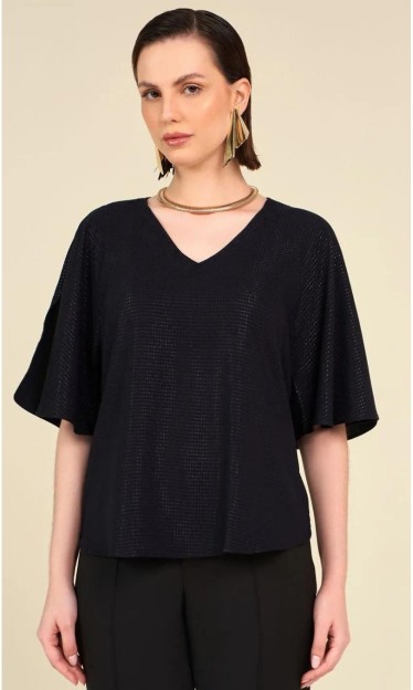 Blusa Ampla Decote V Manga Com Abertura Preto