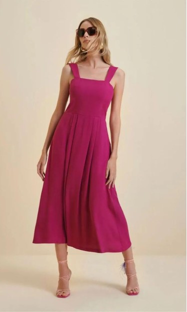 Vestido Morena Rosa Midi Decote Quadrado