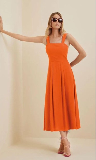 Vestido Morena Rosa Midi Decote Quadrado Laranja