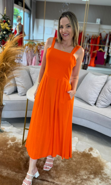 Vestido Morena Rosa Midi Decote Quadrado Laranja