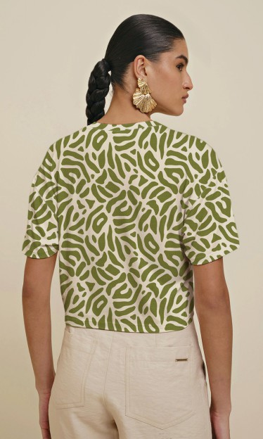 Blusa Decote Redondo Estampada Verde