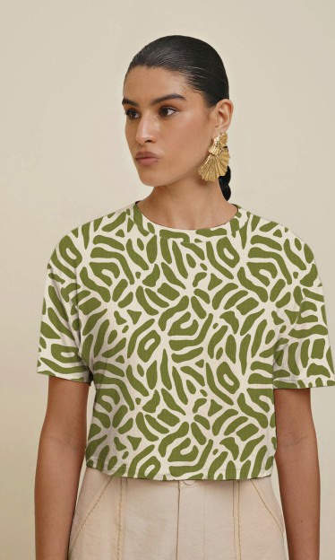 Blusa Decote Redondo Estampada Verde