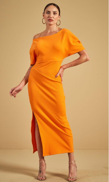 Vestido Canelado Com Fenda Laranja Sommer